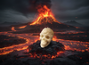 Skull candle in volcanic chaos scene