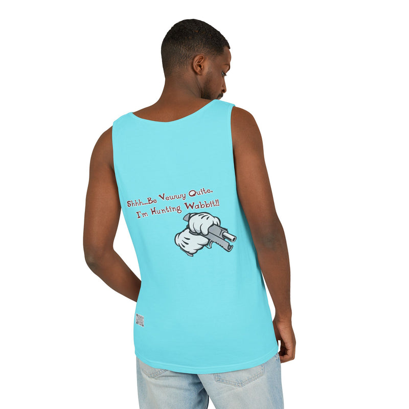 Whimsical Hunting Rabbit Tank Top, Summer Tees for Gamers, Funny Gift for Hunters, Vacation Wardrobe Essential, Unisex Graphic Top