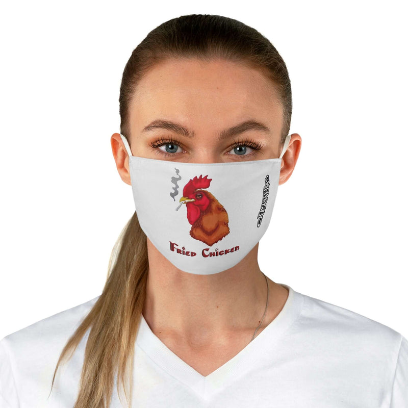 Funky Fried Chicken Face Mask worn by a model, showcasing a quirky chicken design, ideal for foodies and animal lovers.
