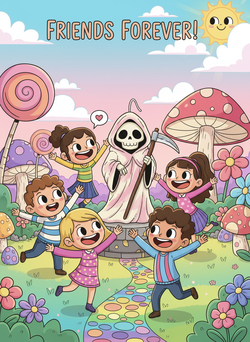 Cartoonish Grim Reaper candle with friendly cartoon people