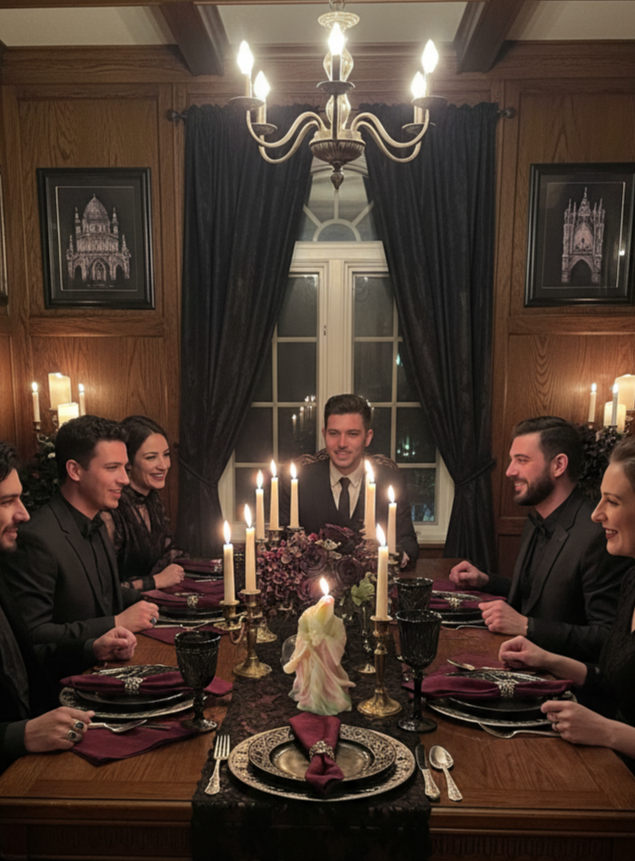 Grim Reaper candle at gothic dinner party