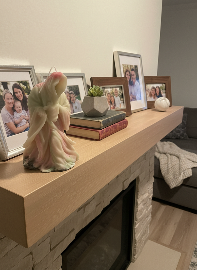 Grim Reaper candle on living room mantelpiece