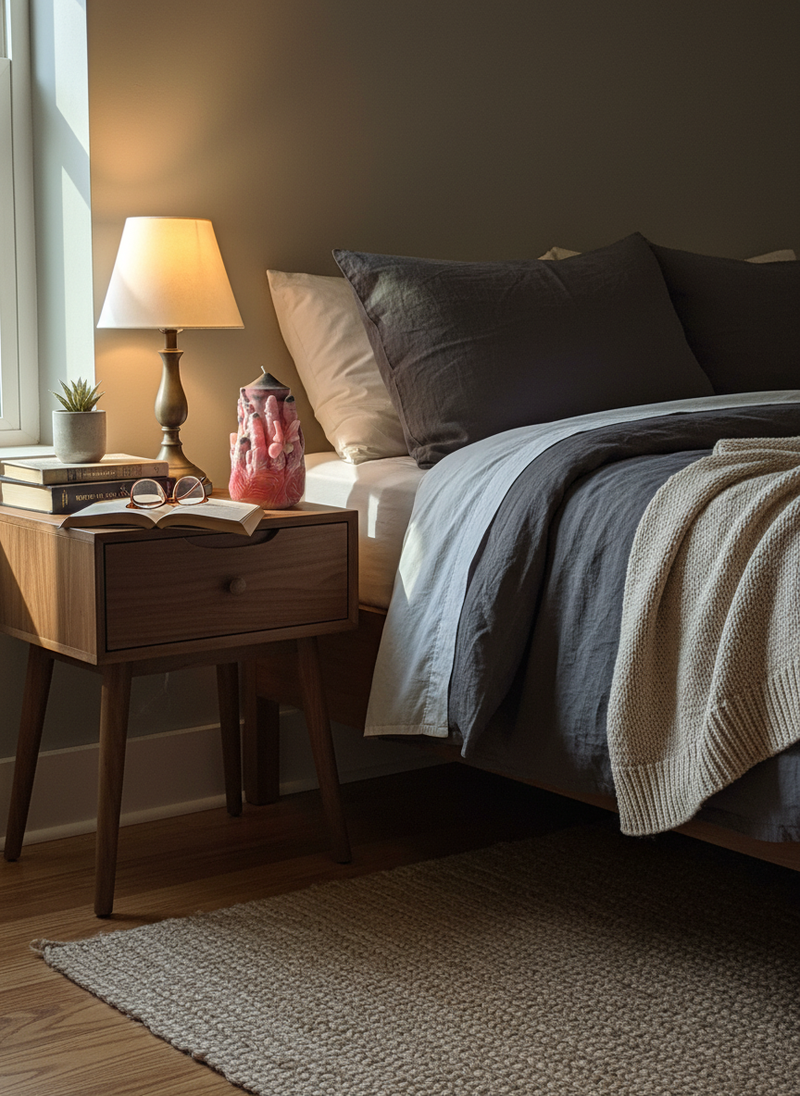 Pink candle in bedroom setting