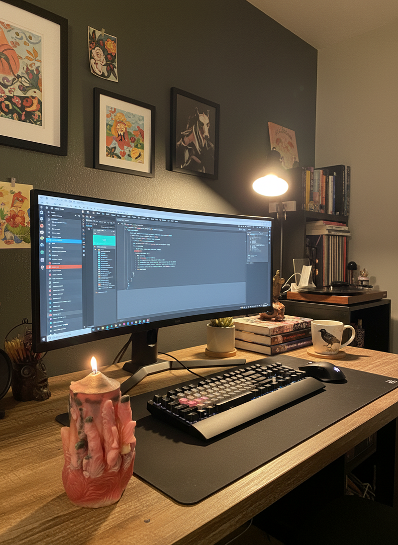 Pink candle in home office