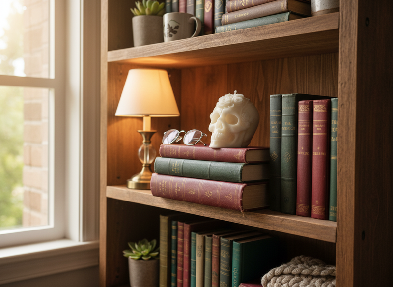 Skull candle on cozy bookshelf