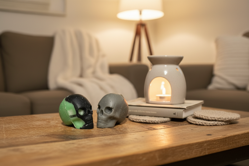 Skull wax melts on cozy coffee table