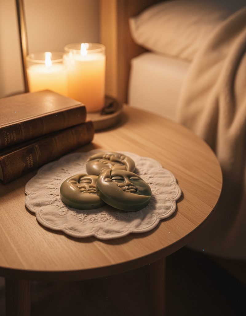 Sun and moon wax melts on bedroom nightstand